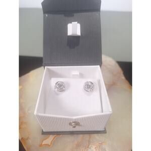 925 Sterling Silver White Sapphire Halo Stud Earrings Round Swirl Design NIB